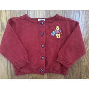 Vintage 90s Disney Store Red Embroidered Winnie The Pooh knit Cardigan 12 Months